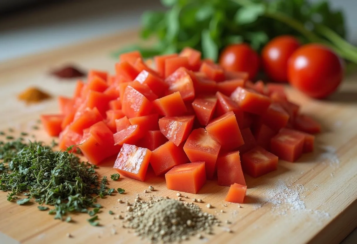 Tomates picados y especias preparadas para la receta de tomate con ácido úrico.