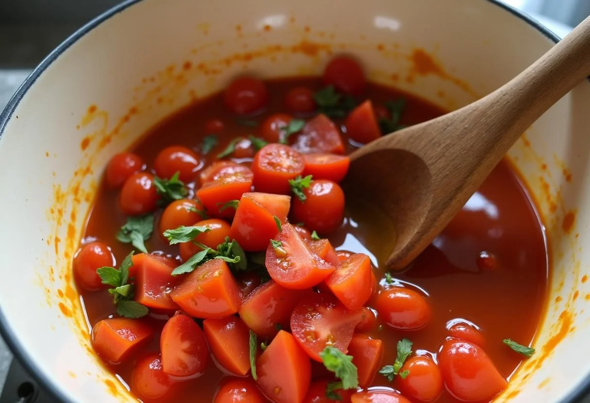 Mezcla de tomates y especias en un bol para la receta de tomate con ácido úrico.