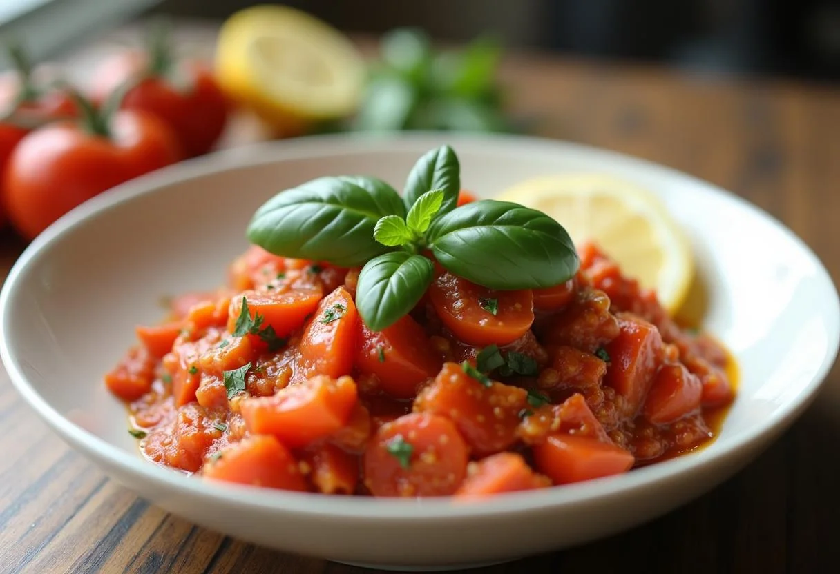 Preparación del plato de tomate con ácido úrico listo para servir.