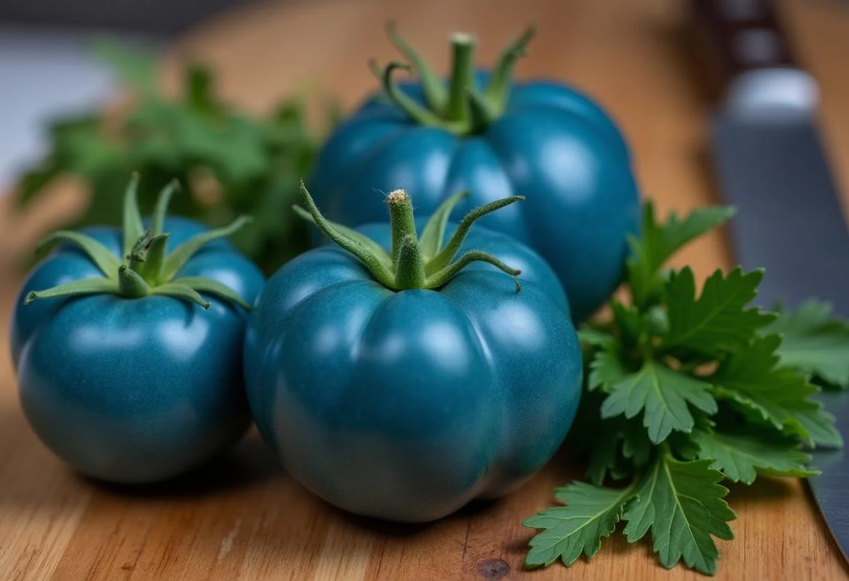 Tomates azules frescos en una tabla de cortar, listos para la receta de tomates azules.
