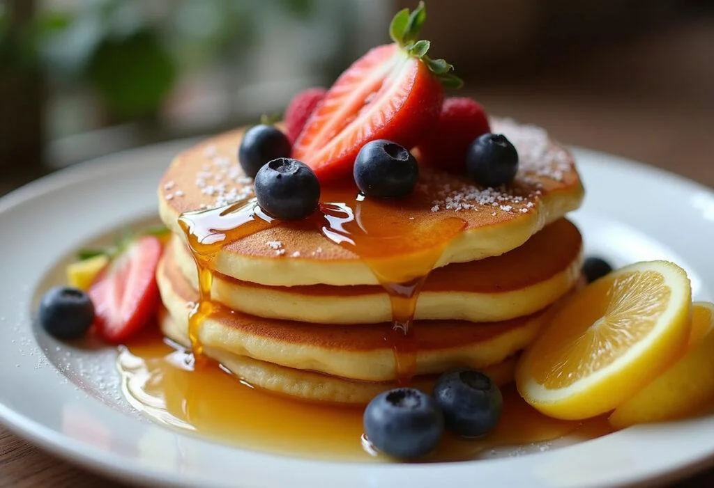 Fluffy tortitas de platano esponjosas topped with syrup and fresh fruit, ideal for breakfast.