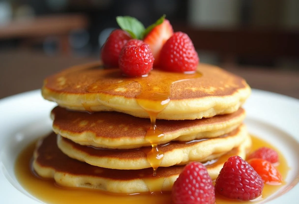 Fluffy tortitas de platano esponjosas topped with syrup and fresh fruit, ideal for breakfast.