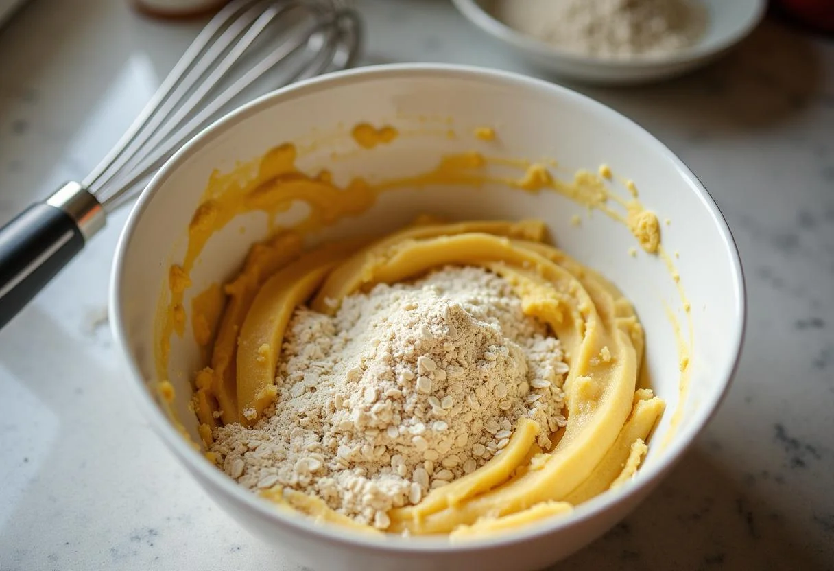 Mashed ripe bananas, oats, and flour in a bowl for making tortitas de platano esponjosas.