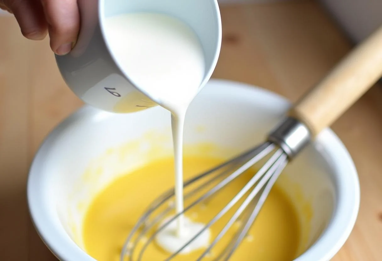 Pouring milk into the banana mixture for tortitas de platano esponjosas.