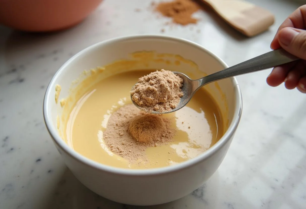Incorporating baking powder and cinnamon into the batter for tortitas de platano.