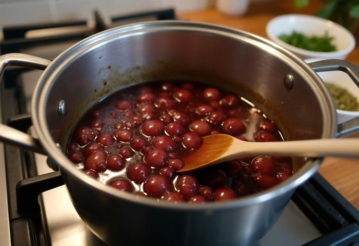 Uva macabeo cociendo a fuego lento en una olla para la receta de Uva Macabeo.