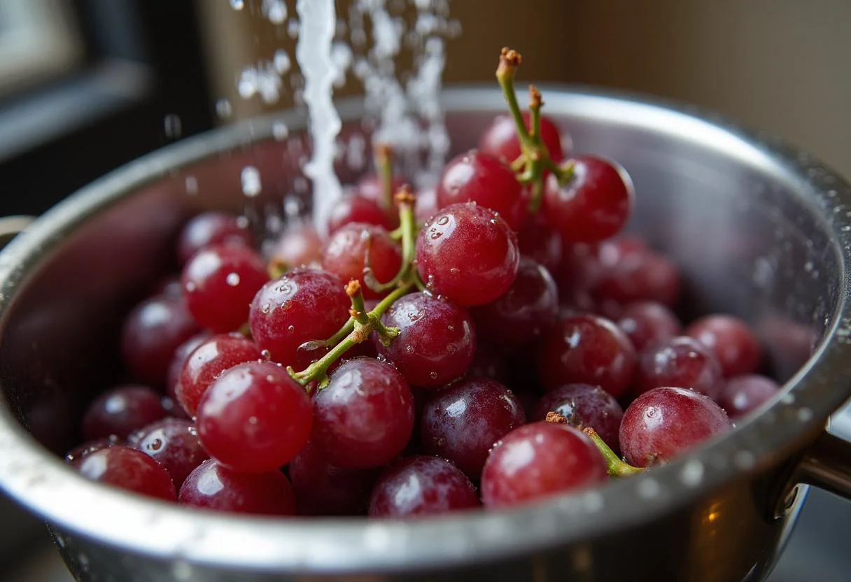 Lavando uvas frescas en un colador para preparar la receta de uvas engordan las uvas.