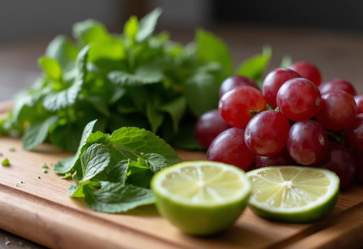 Ingredientes frescos preparados para la receta de uvas engordan las uvas, incluyendo menta y limón.