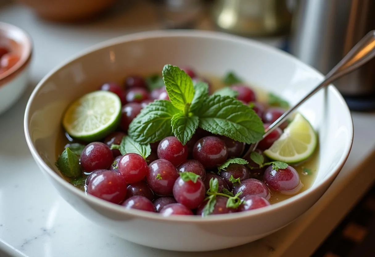 Mezcla de uvas frescas con jugo de limón y menta, lista para servir en la receta de uvas pasas.