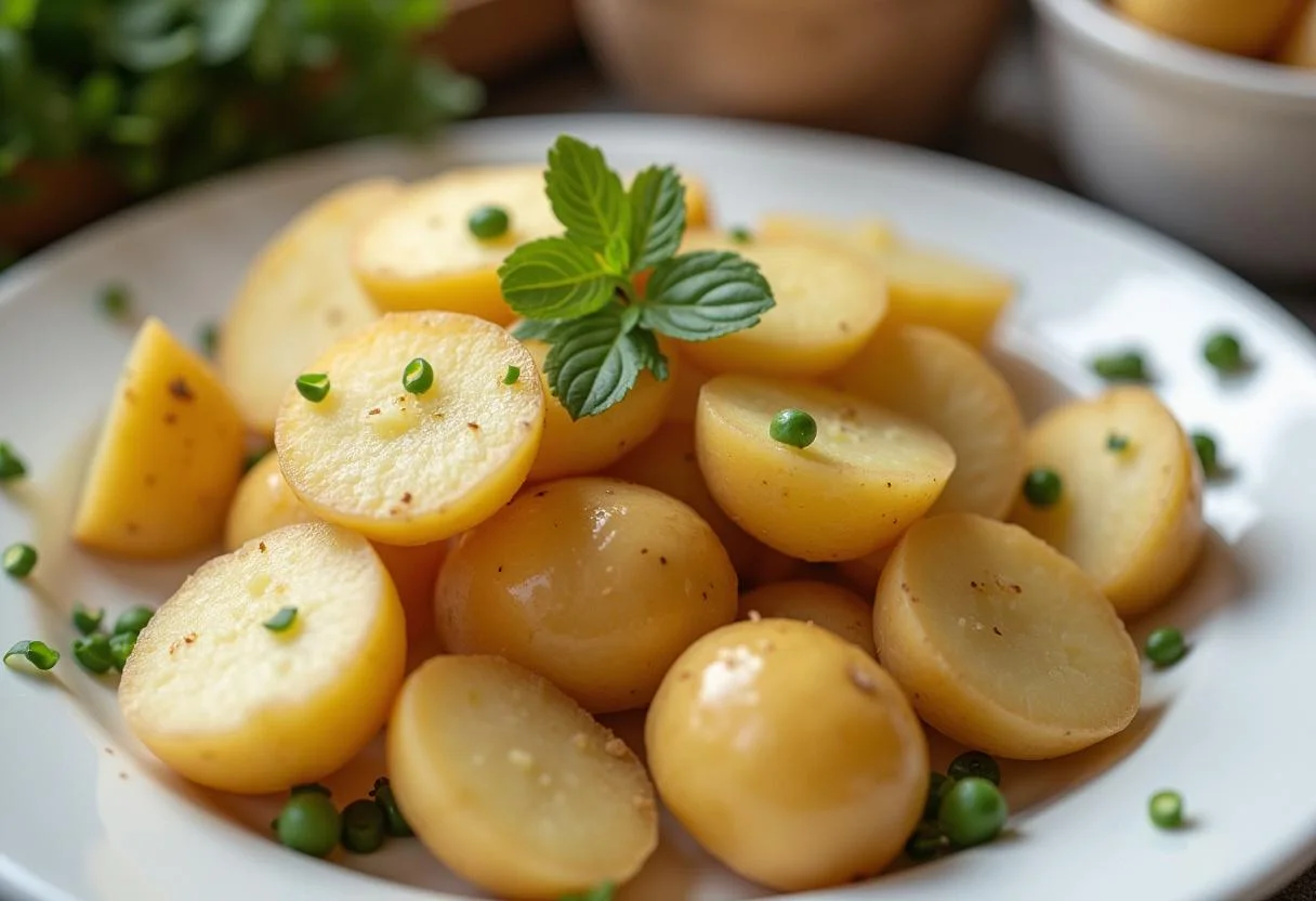Valor nutricional patata cocida, presentación de patatas con información sobre las calorías y beneficios.