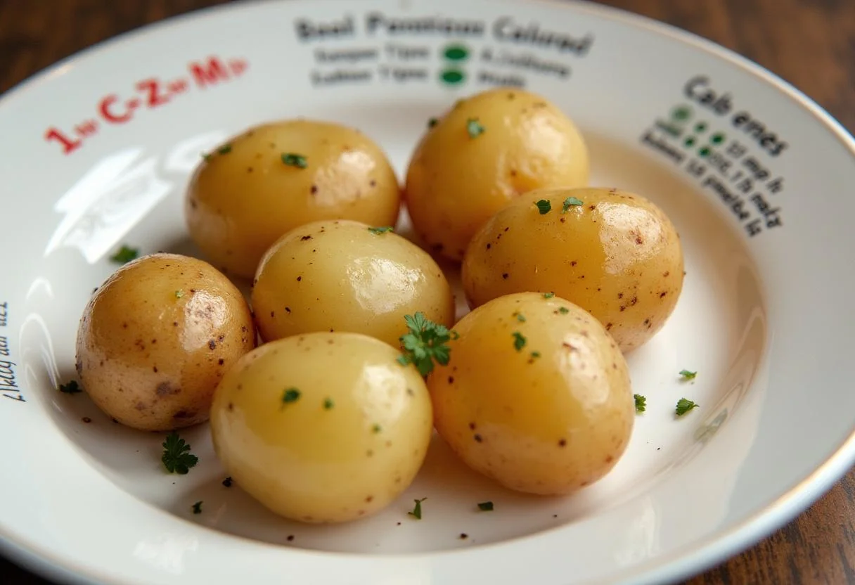 Valor nutricional patata cocida, presentación de patatas con información sobre las calorÃas y beneficios.