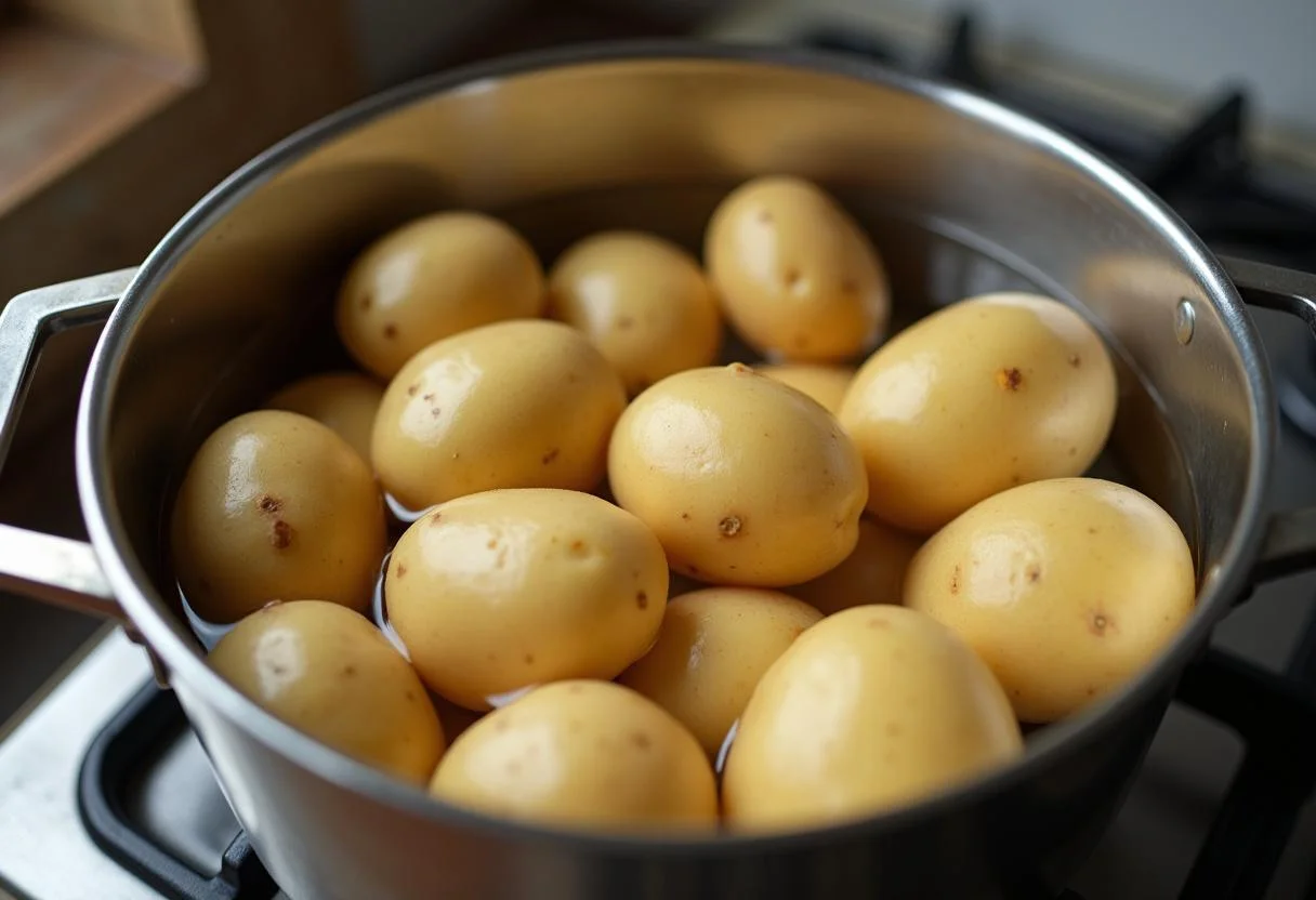 Valor nutricional patata cocida, frescas patatas sumergidas en agua lista para cocinar.