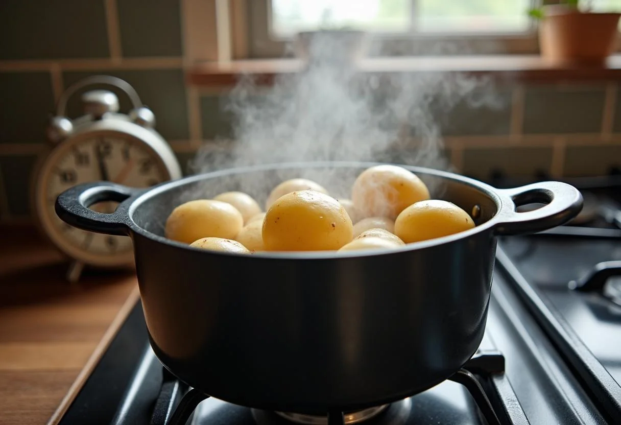 Patatas cocidas en ebullición, mostrando el proceso de valor nutricional de la patata.