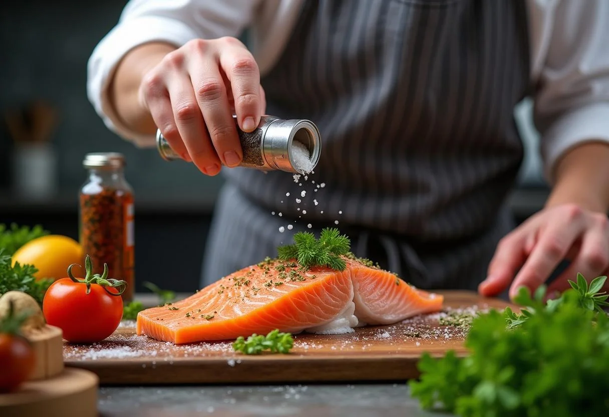 Condimentando pescado virrey con sal y pimienta para la receta de pescado rey.