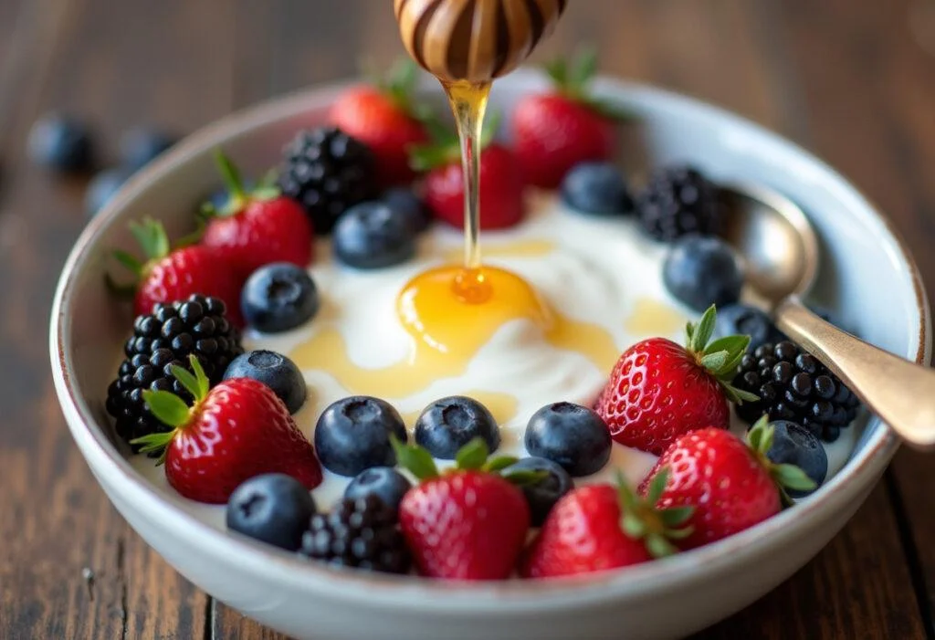 Delicioso yogur de soja casero servido con fresas y miel, ideal para un desayuno saludable.