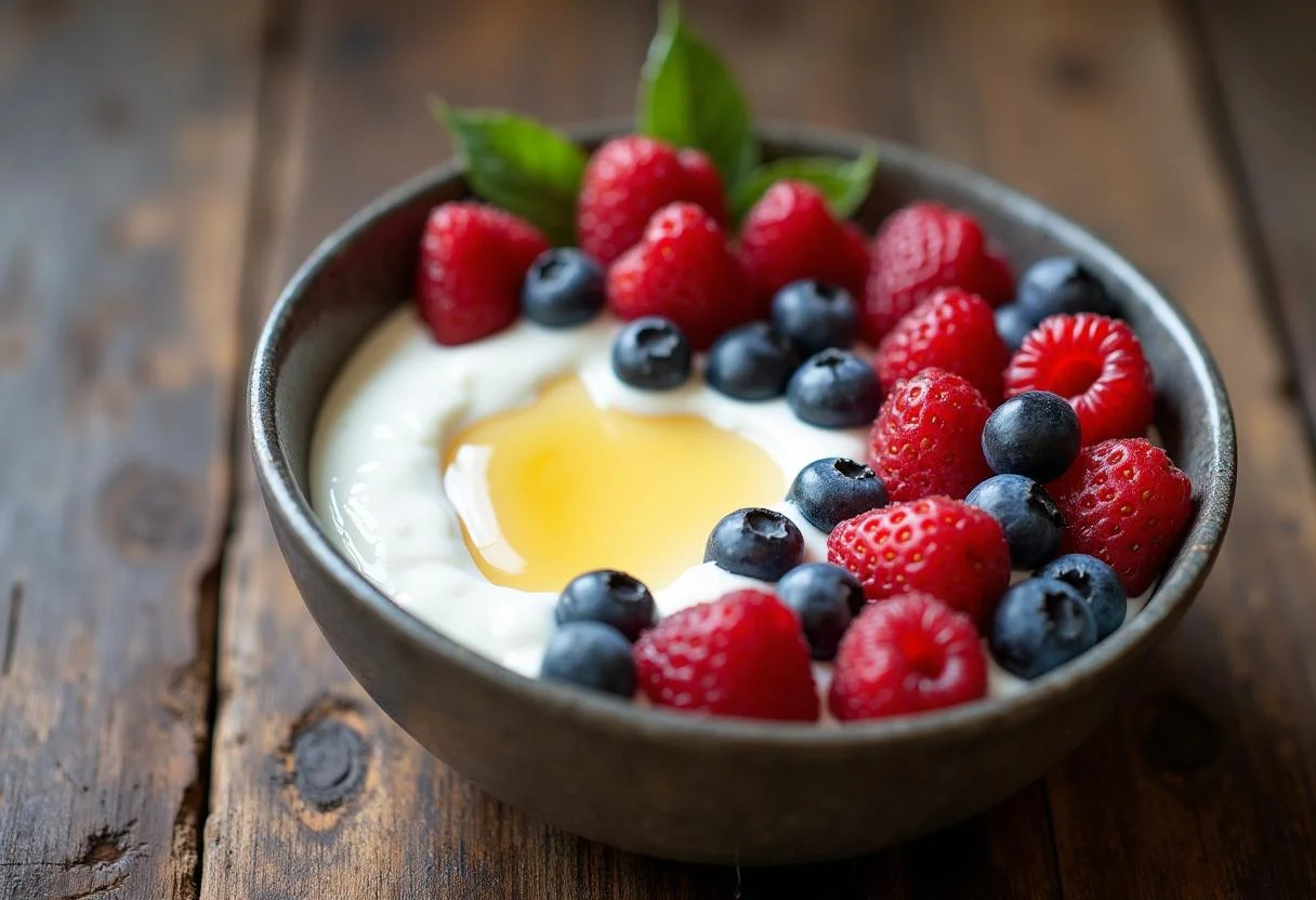 Delicioso yogur de soja casero servido con fresas y miel, ideal para un desayuno saludable.