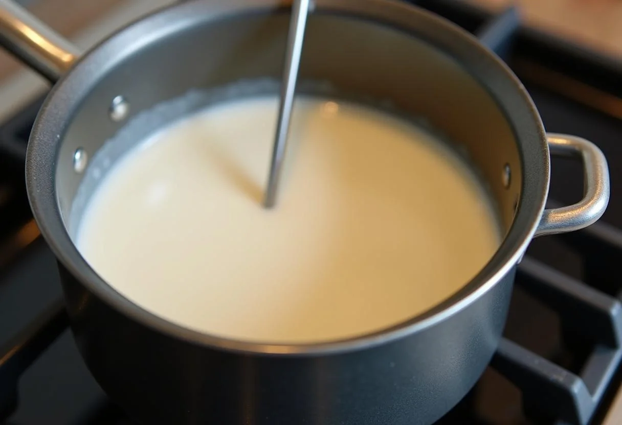 Calentando leche de soja en una cacerola para hacer yogur de soja casero.