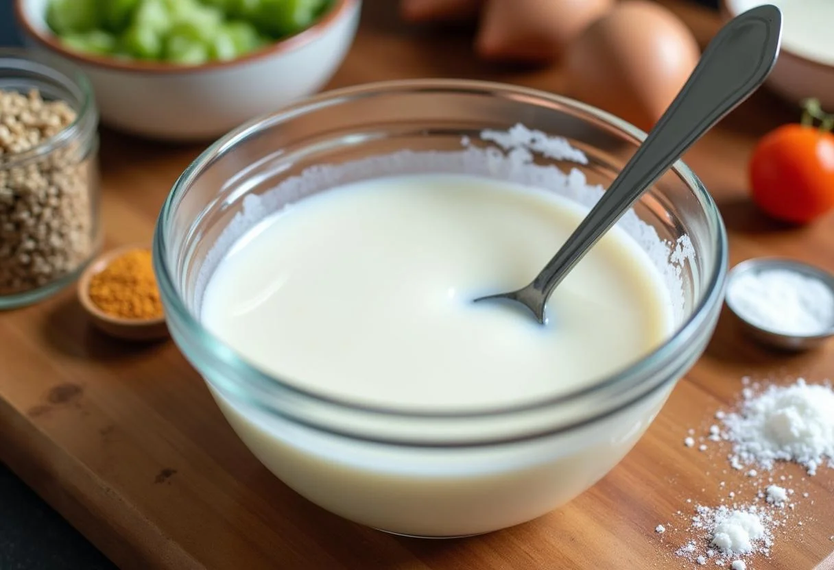 Mezclando cultura de yogur en leche de soja para preparar yogur de soja.