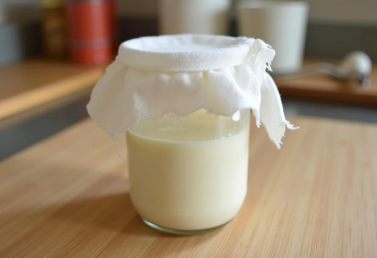 Frascos cubiertos con tela en el proceso de fermentación del yogur de soja casero.