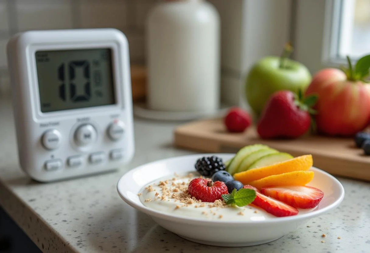 Yogur de soja casero fermentado listo para servir con frutas frescas.