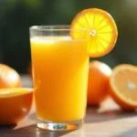 Vaso de zumo de naranja natural recién exprimido, ideal para un desayuno saludable.