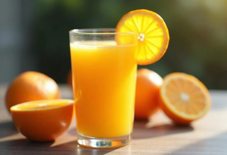 Vaso de zumo de naranja natural recién exprimido, ideal para un desayuno saludable.