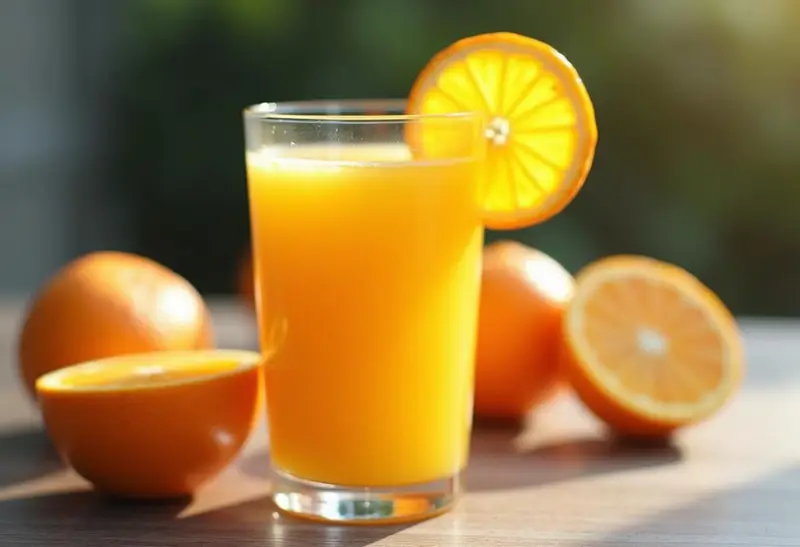 Vaso de zumo de naranja natural recién exprimido, ideal para un desayuno saludable.