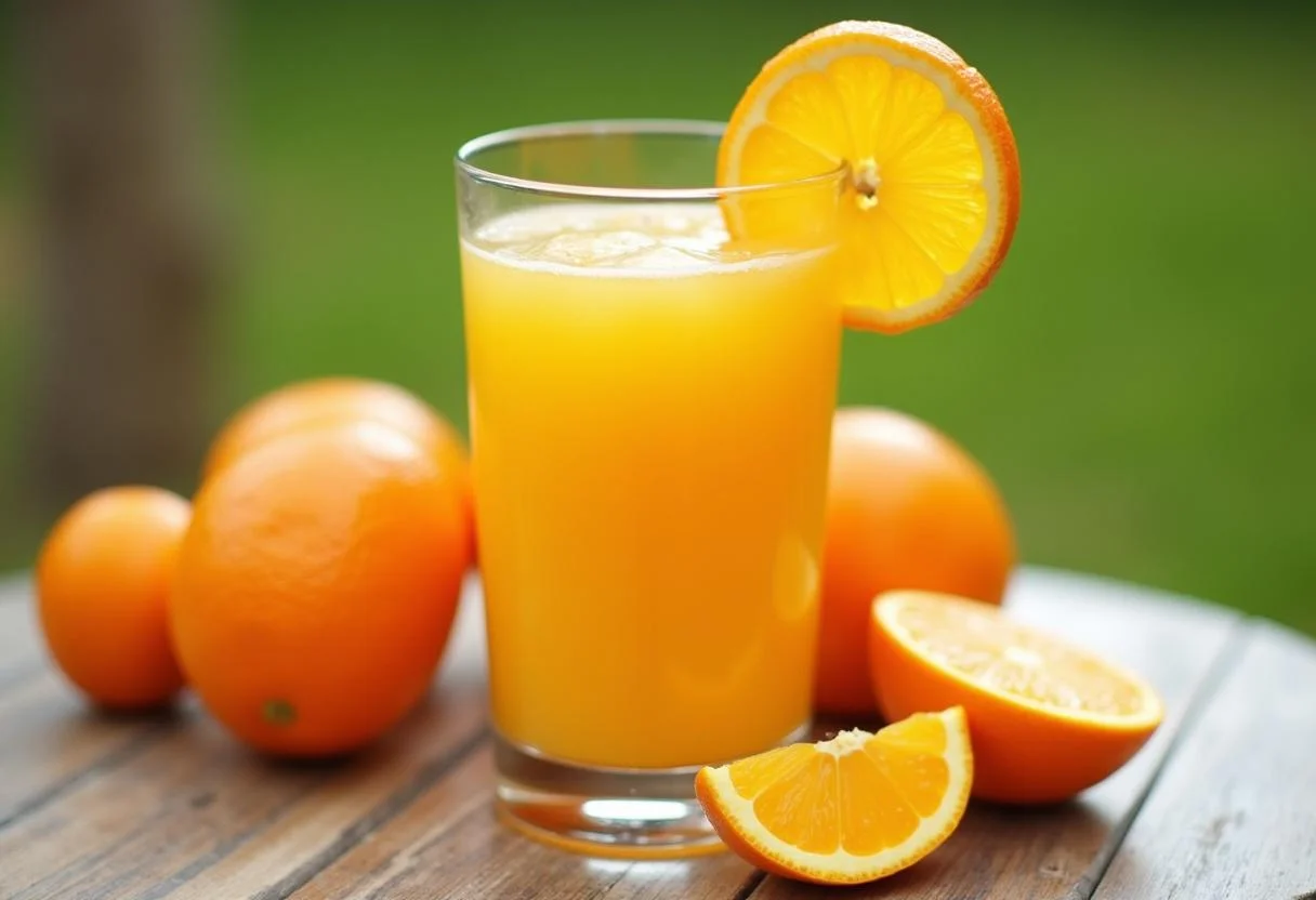 Vaso de zumo de naranja natural recién exprimido, ideal para un desayuno saludable.
