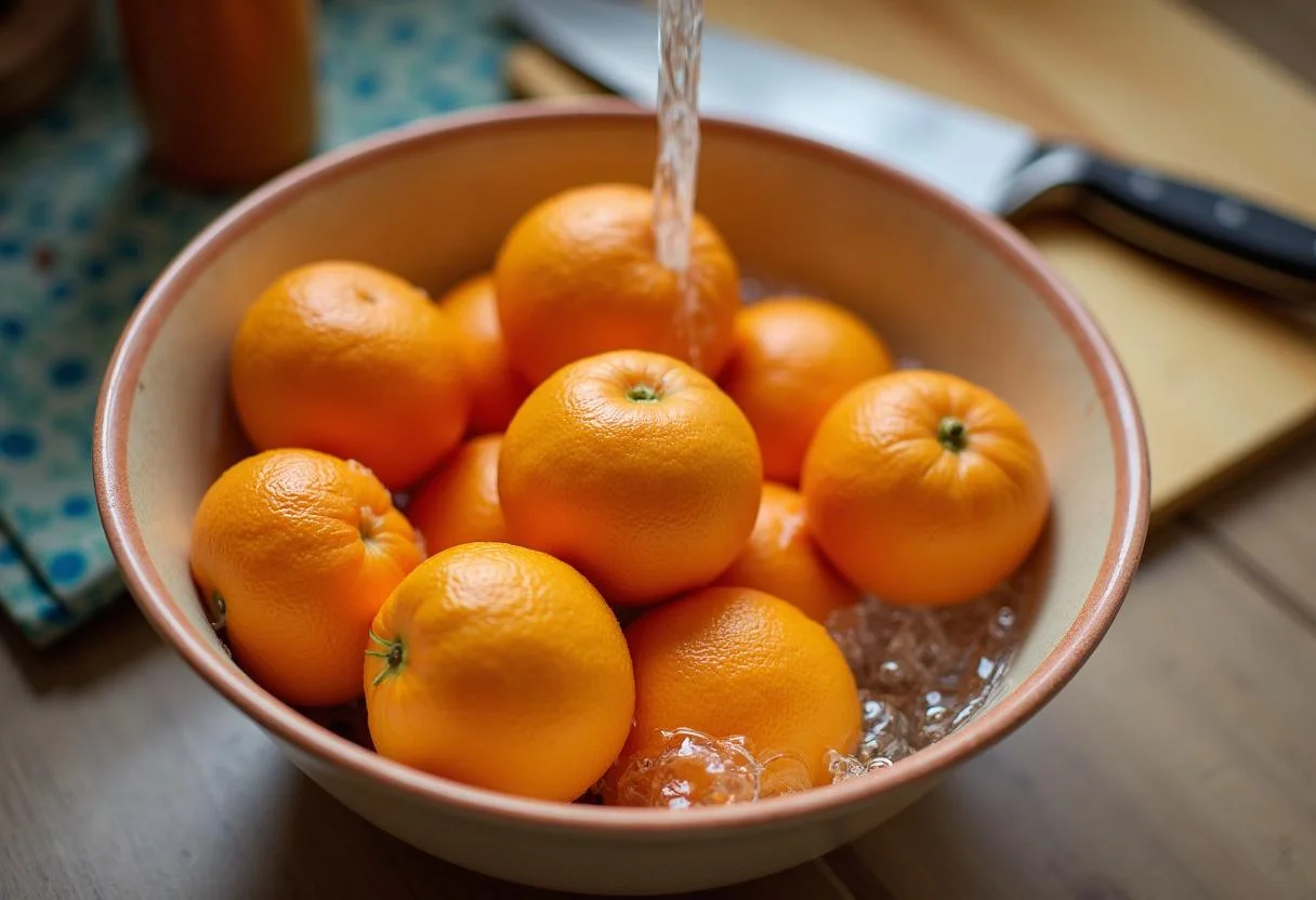 Limpieza de naranjas frescas para preparar zumo de naranja natural.