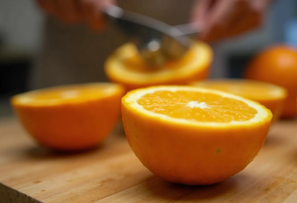 Cortando naranjas por la mitad para hacer zumo de naranja natural.