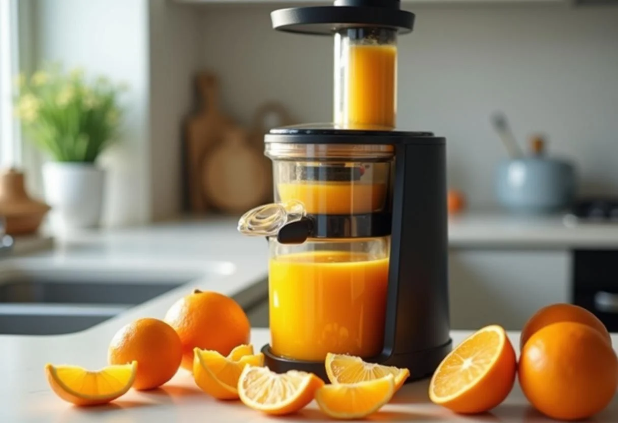Zumo de naranja fresco en un exprimidor, listo para servir.