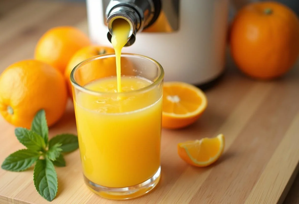 Vertiendo zumo de naranja natural en un vaso, listo para disfrutar.