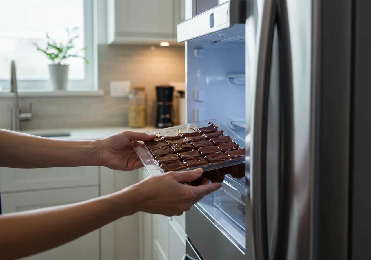 Moldura con mezcla de abrigo marron chocolate casero entrando en el refrigerador.