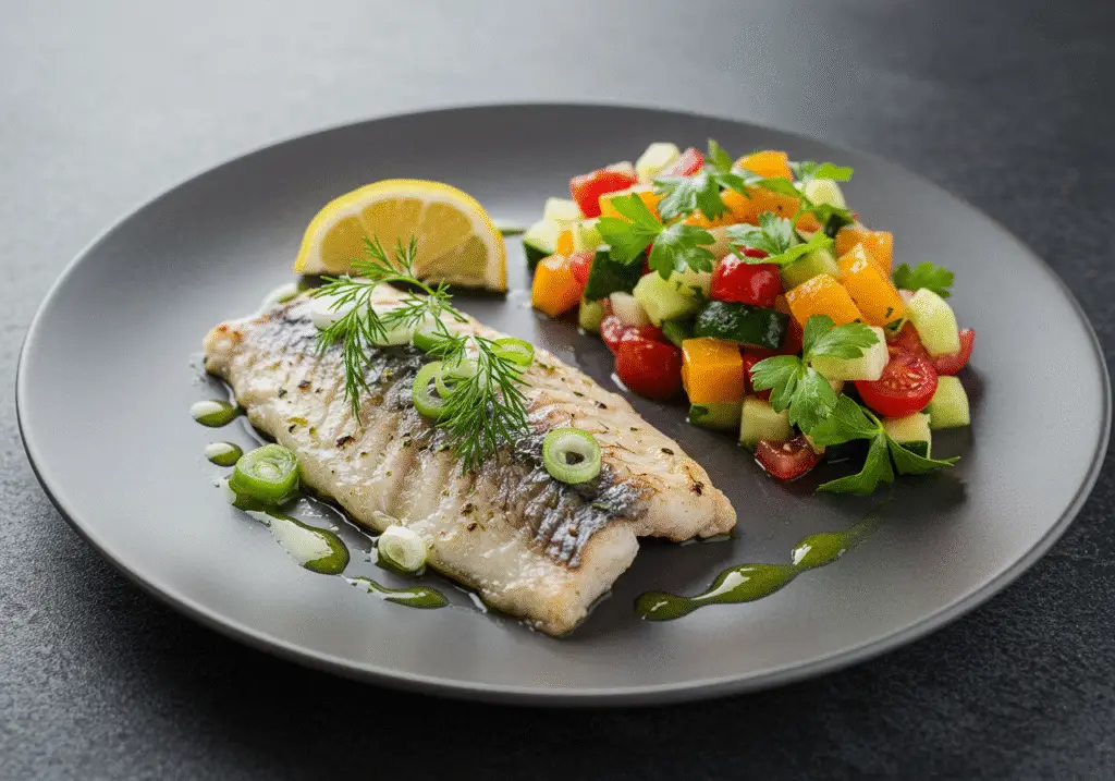 Acedia pescado fresco presentado con guarnición de ensalada colorida, un plato delicioso.