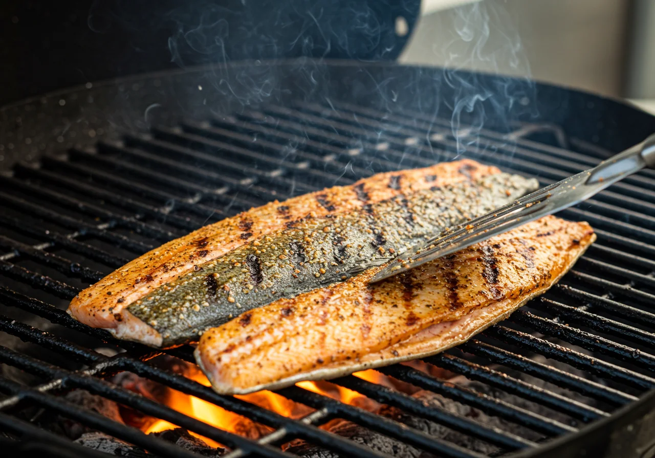 Pescado fresco asándose en la parrilla para la receta de acedia pescado.
