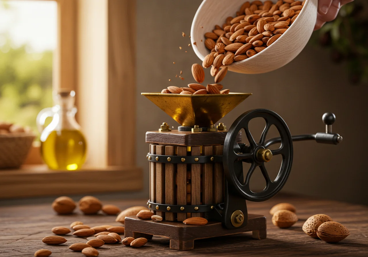 Almendras siendo vertidas en la máquina para extraer aceite de almendras dulces casero.