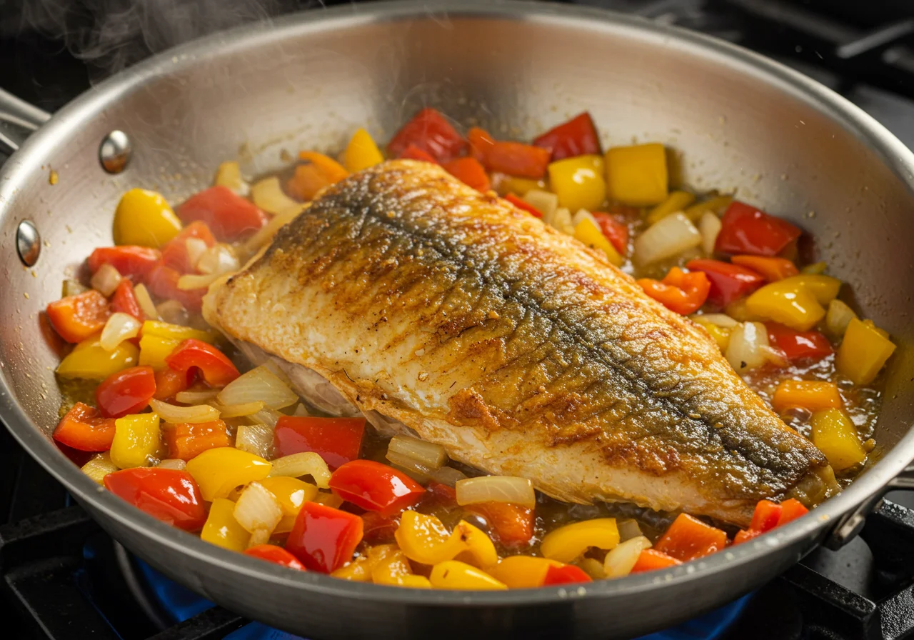 Cooking pescado aguja with bell peppers and onions in a pan.