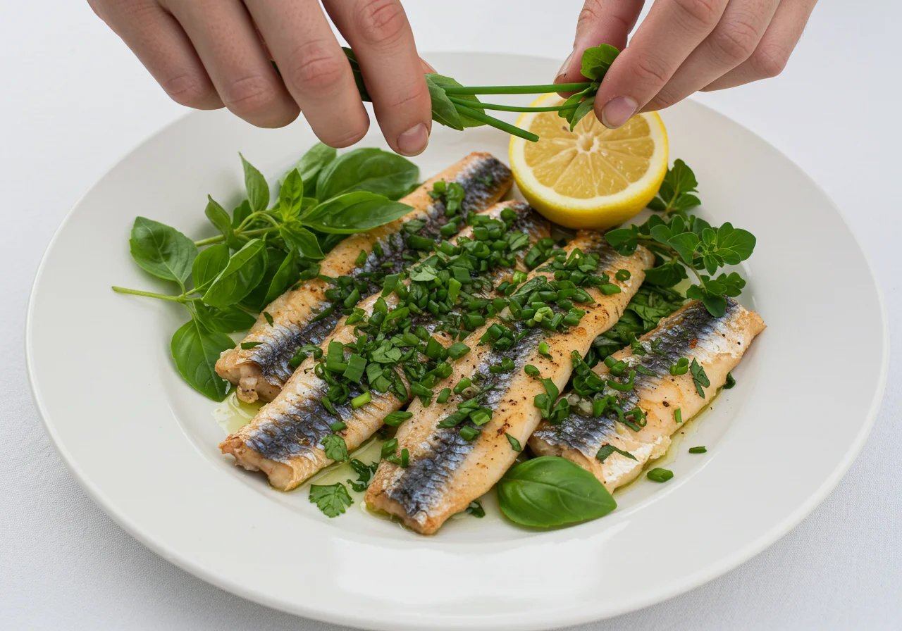 Plating of cooked pescado aguja garnished with herbs and lemon for a delicious presentation.