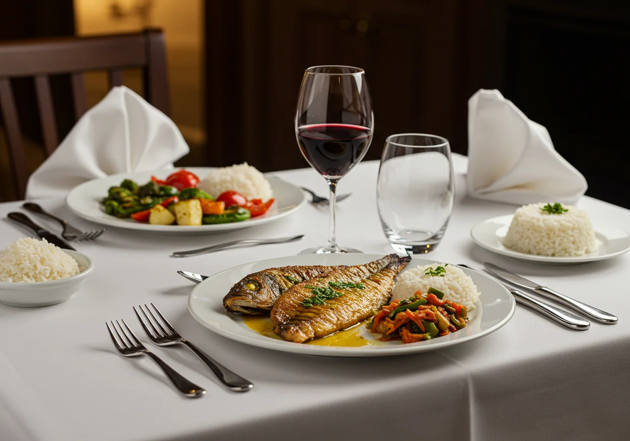 Dine-in setup with pescado aguja served elegantly on a dining table.