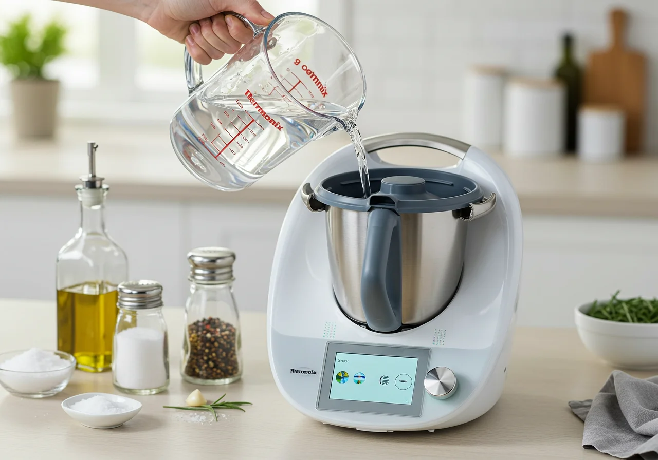 Water and seasonings being added for Ajo Blanco Thermomix preparation.