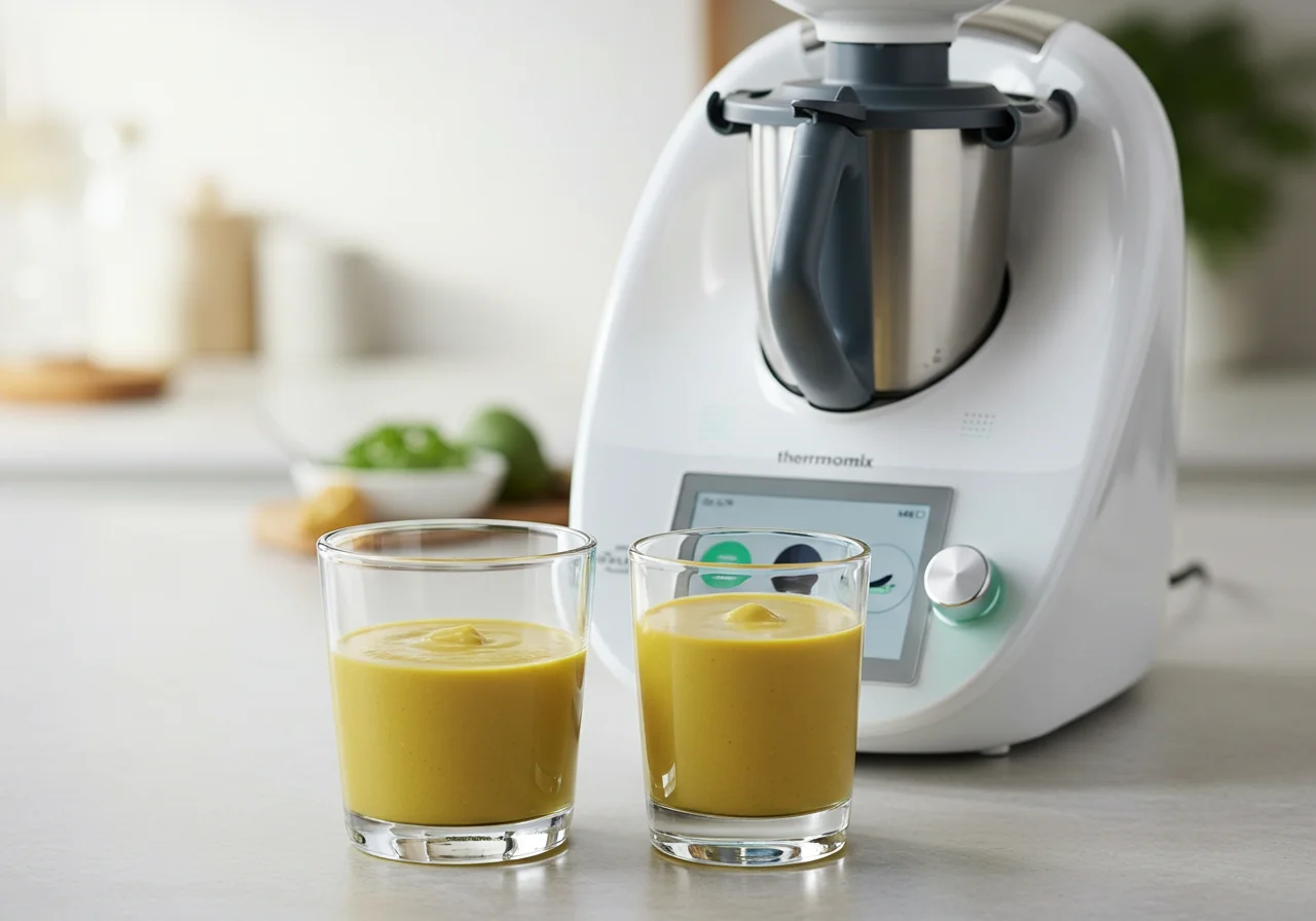 Thermomix working to create a creamy Ajo Blanco mixture for serving.