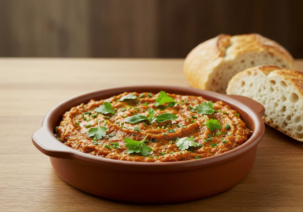 Prepared Ajo Tierno Fresco served with fresh herbs and bread.