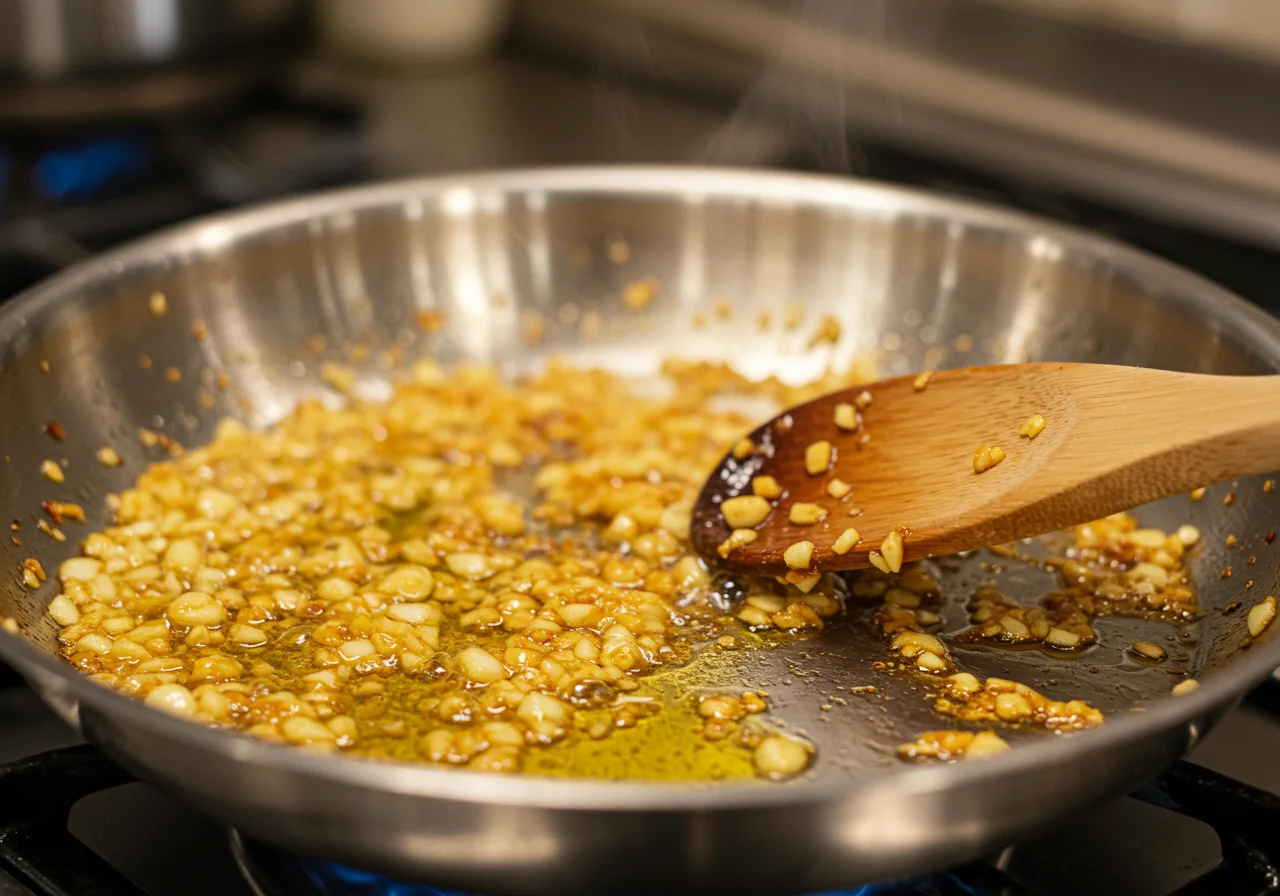 Mezcla de ajo y guindilla dorándose en una sartén, lista para usar en diversas recetas.