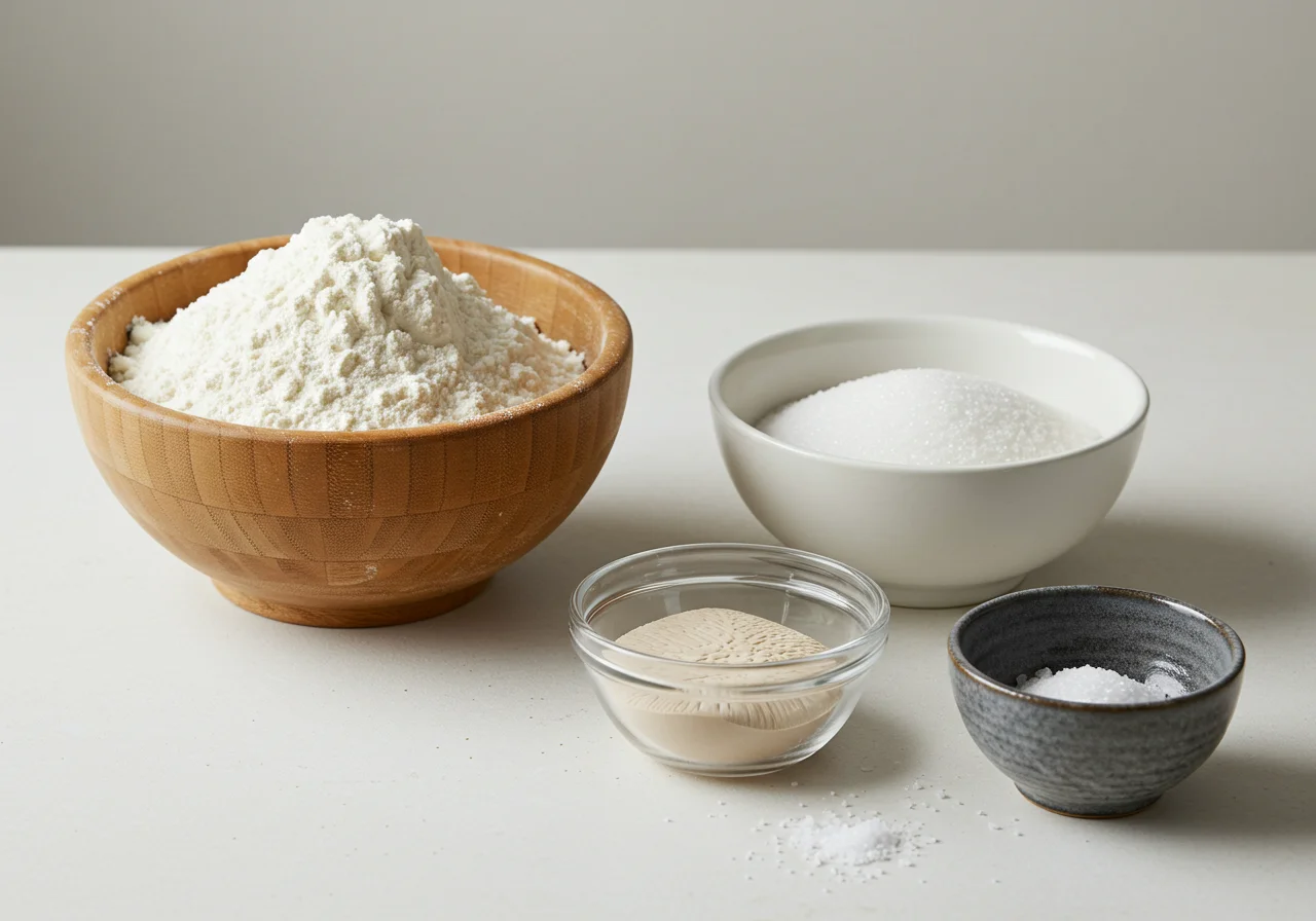 Ingredientes para amasadora de pan dispuestos en una encimera de cocina.