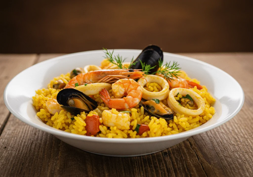 Finished arroz caldero murciano served in a bowl, showcasing the delicious seafood and rice dish.