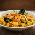 Finished arroz caldero murciano served in a bowl, showcasing the delicious seafood and rice dish.
