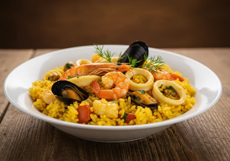 Finished arroz caldero murciano served in a bowl, showcasing the delicious seafood and rice dish.