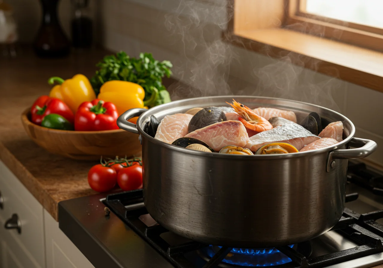 Fresh seafood and vegetables prepared for traditional arroz caldero murciano.