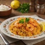 Delicious arroz con gambas dish ready to serve, showcasing flavorful shrimp and rice.