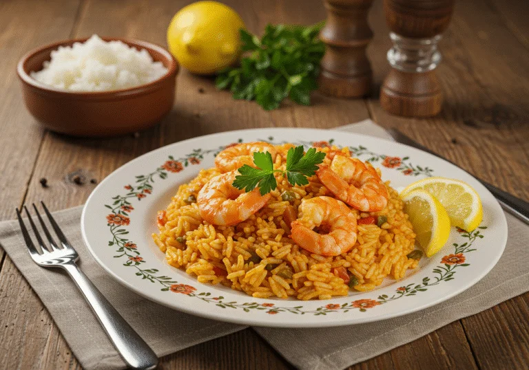 Delicious arroz con gambas dish ready to serve, showcasing flavorful shrimp and rice.